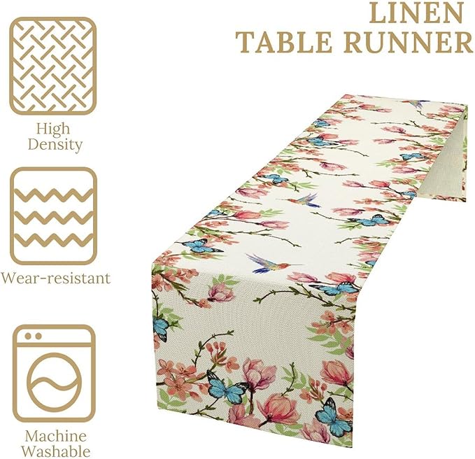 Floral Butterfly Table Runner Seasonal Spring Flower Bird Table Decoration - Image 5