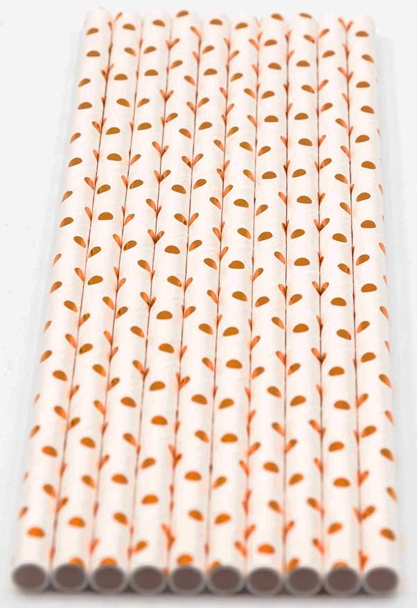 Pack of 300 Rose Gold Polka Dot Foil Biodegradable 4-Ply Paper Drinking Straws - Image 2