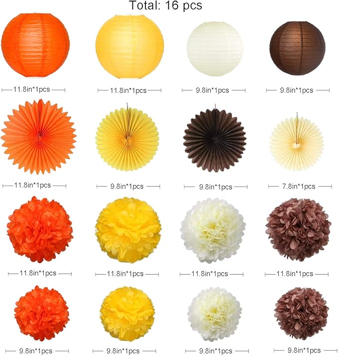 Fall Party Decorations Kit Yellow Orange Brown Paper Hanging Fans Lantern - Image 2