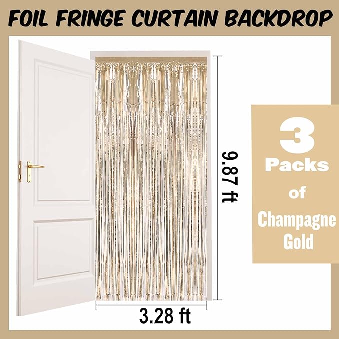 3 Pack Champagne Gold Foil Fringe Curtains Backdrop, 3.28 x 9.8 Ft Metallic - Image 2