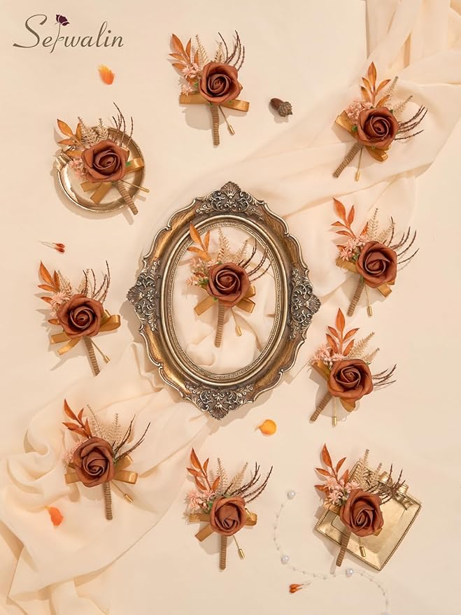 Serwalin 10Pcs Boutonniere for Men, Burnt Orange Groom and Best Man Boutonniere - Image 4