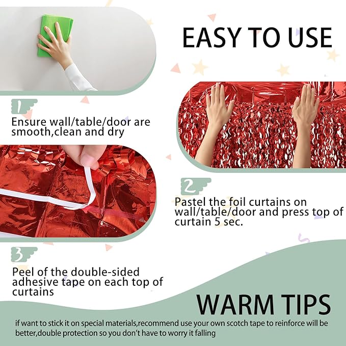 3 Pack Red Aluminium Foil Curtains, 3.3ft x 6.6ft, Wavy Shape, - Image 4