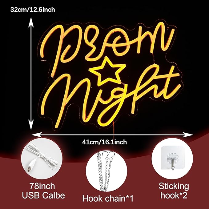Prom Night Neon Sign for Wall Decor Yellow LED Words Neon Light by USB Powered - Image 2