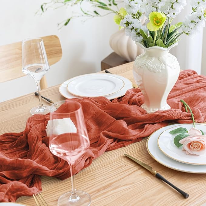 Asee'm Cheesecloth Table Runner 120 Inches Long Terracotta Boho Gauze Cheese - Image 6