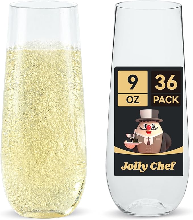 JOLLY CHEF 36 Pack Stemless Plastic Champagne Flutes 9 oz, Crystal Clear by JOLLYCHEF