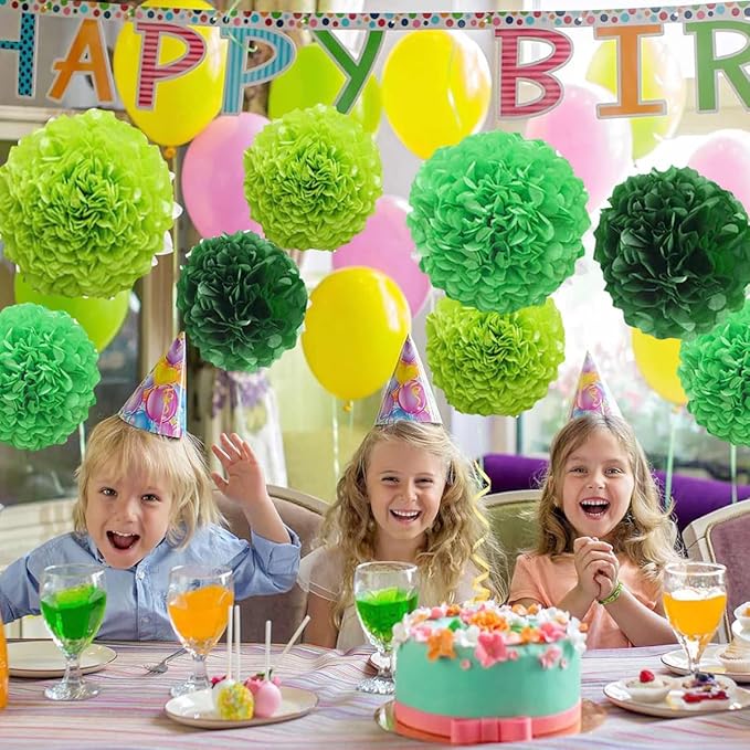 12pcs Paper Pom Poms Tissue Flower Kit - 10in 12in Green Hanging Balls - Image 4