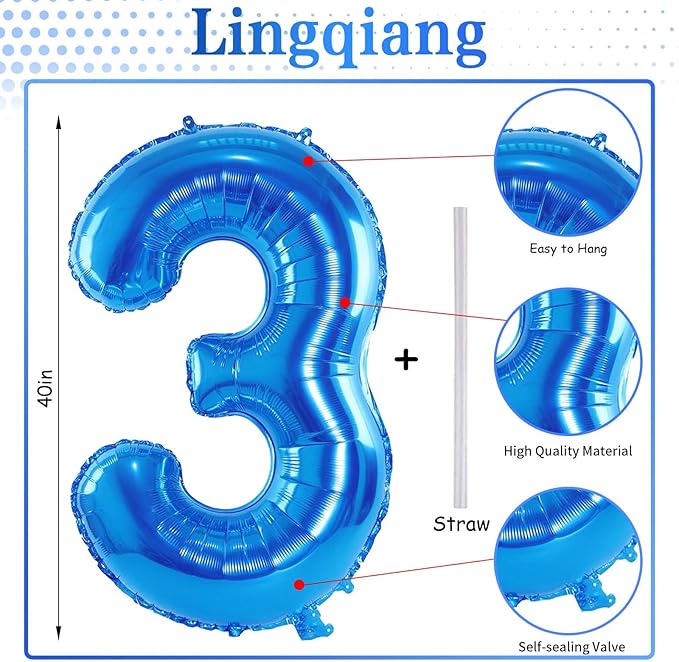40 Inch Balloon Number 3 Blue, Large Foil Number Balloons Set 0-9, Digital 3 - Image 2