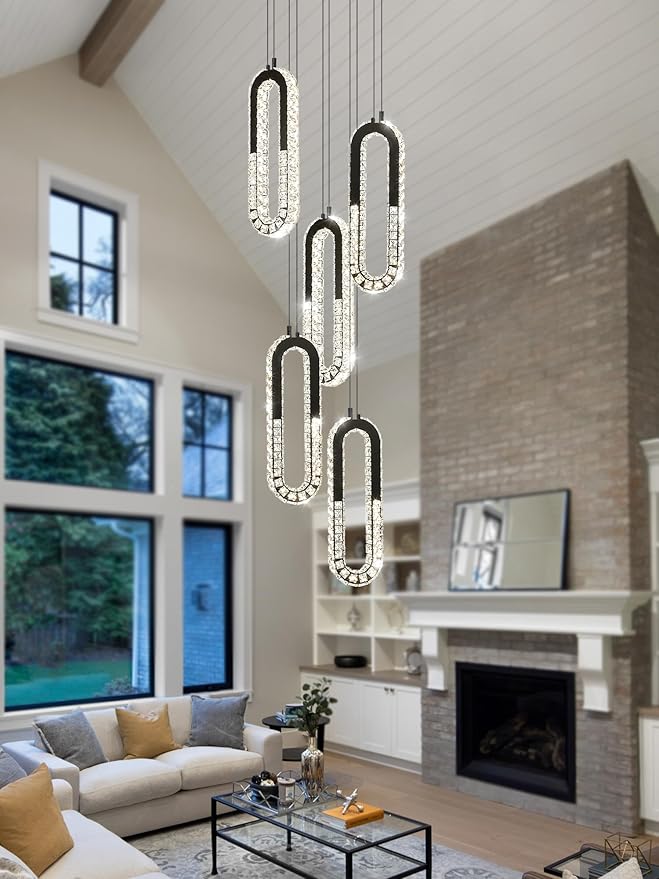5 Rings Crystal Chandeliers for Staircase Large Pendants Light Fixture Black - Image 7