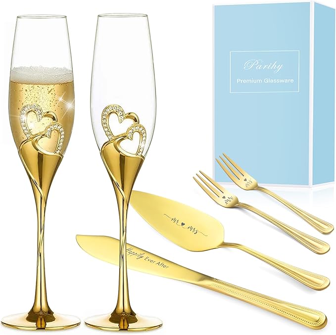 Wedding Cake Knife and Server Set, Toasting Glasses by Parihy