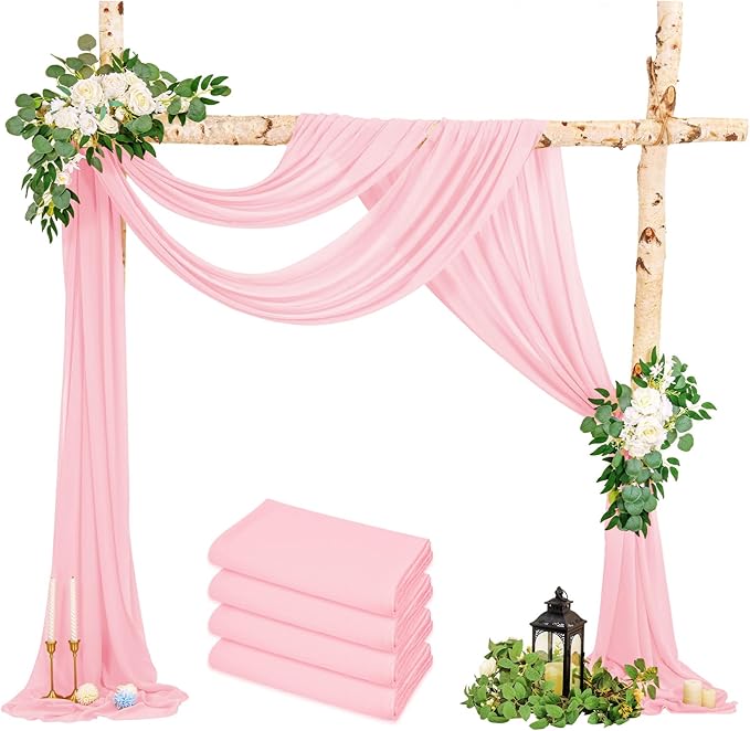 Wedding Arch Draping Fabric, 4 Panels 28" x20ft Pink Sheer Chiffon Curtain by HNPSTBNO