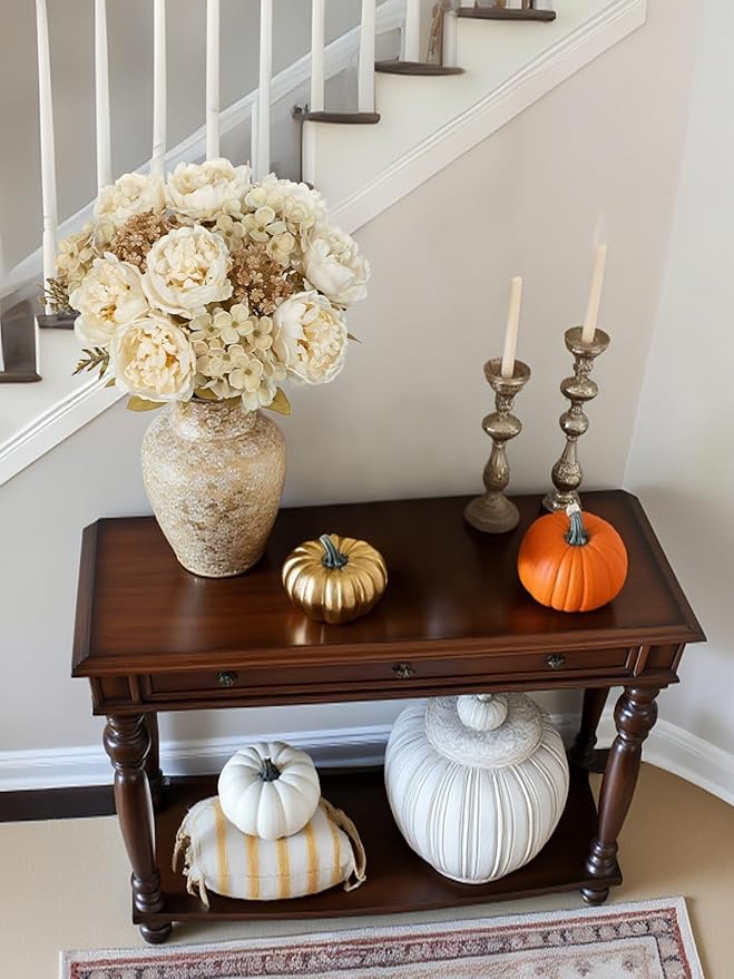 Hollyone 2Pcs Artificial Fall Flowers Bouquet 18.8" White Dried Peony Hydrangea - Image 7