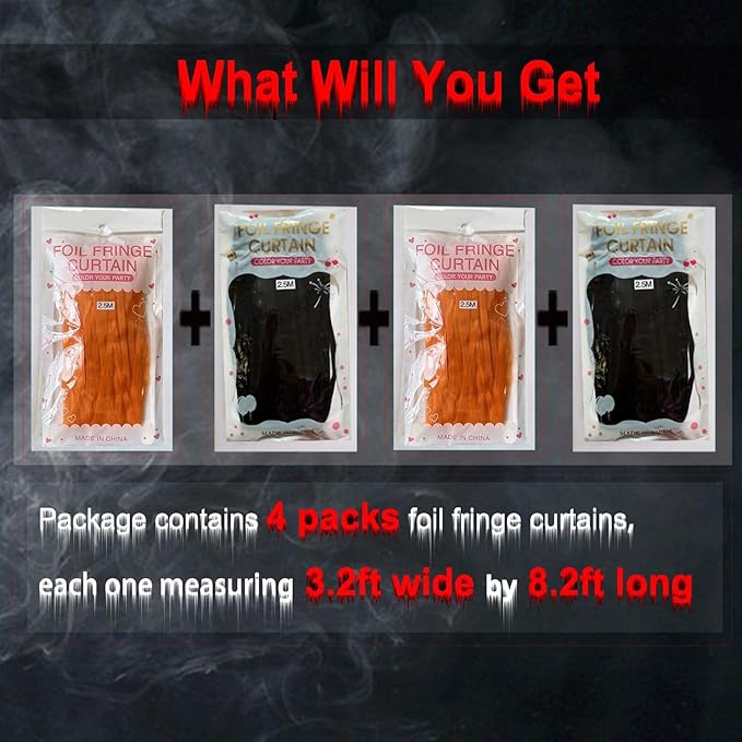 Foil Fringe Curtains-4 Pack of 3.2x8.2ft Orange Black Foil Fringe Curtains - Image 3