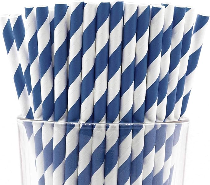 Pack of 150 Navy Blue Swirls Biodegradable 4-Ply Paper Drinking Straws by Stephanie+Imports