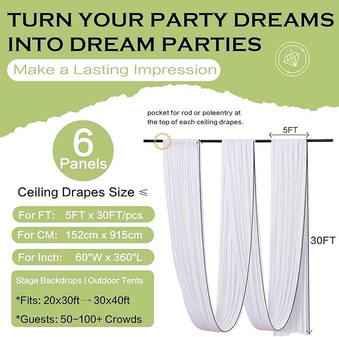 PartyVillage 6 Panels 5ftx30ft White Ceiling Drapes - Image 7