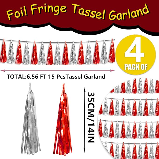 4P Red Silver Foil Fringe Tassel Banner Garland Metallic Tinsel Streamers Wall - Image 2