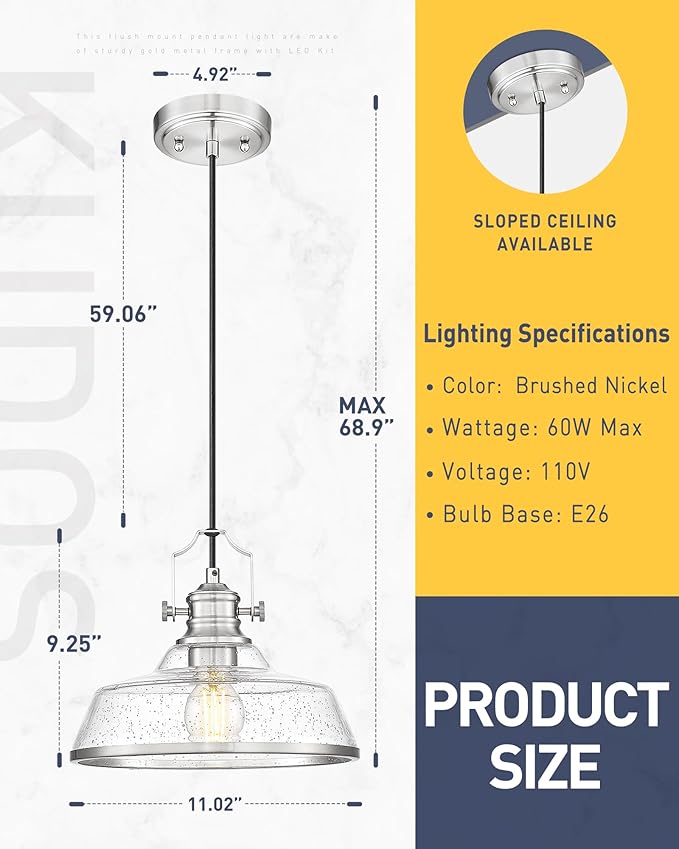 kudos Brushed Nickel Pendant Lights Kitchen Island, Large Pendant Light - Image 3