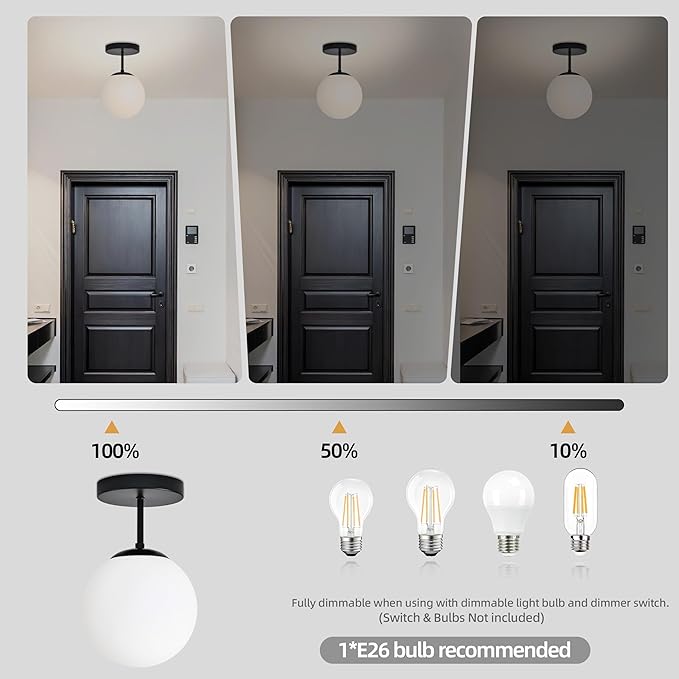 8" Black Semi Flush Mount Ceiling Light Fixture Milk Glass Globe Ceiling Light - Image 7
