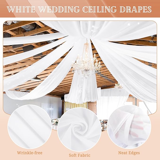 6 Panels White Ceiling Drapes 5ftx30ft Sheer Drapery Ceiling Curtains Chiffon - Image 3