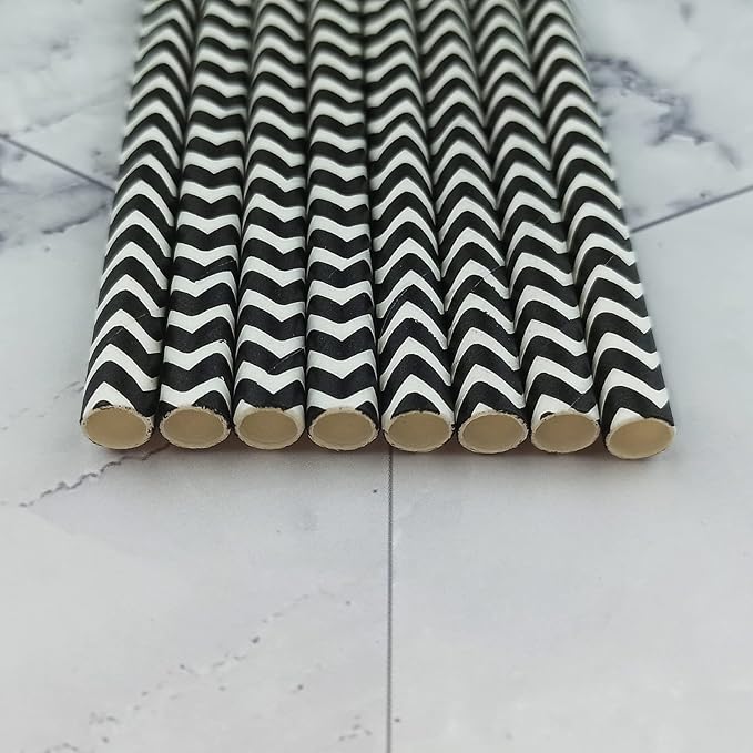 YAOSHENG Premium Disposable Waves Striped Drinking Paper Straws, Pack 100 Black - Image 7