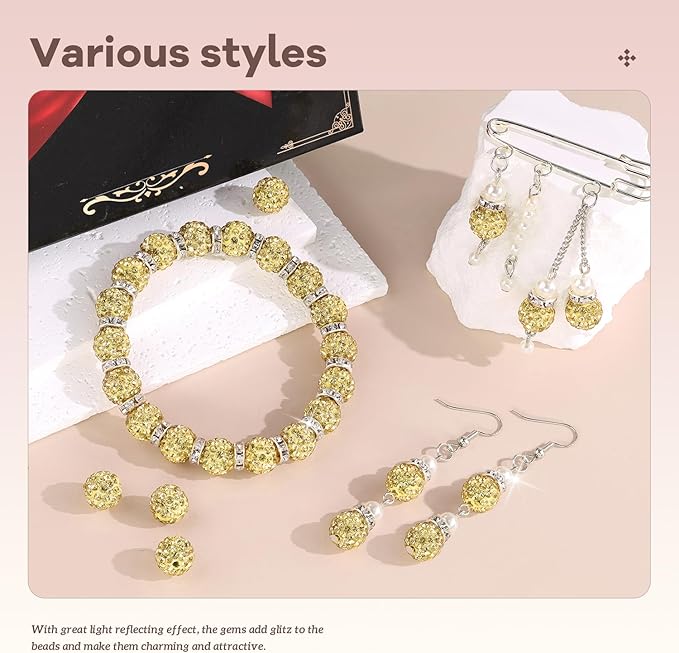 160pcs 10mm Rhinestone Beads for Jewelry Making, Light Yellow Shiny Round Disco - Image 2