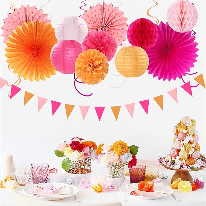 Pink-Orange Fall Party-Decorations Paper-Flowers Lanterns - Image 6