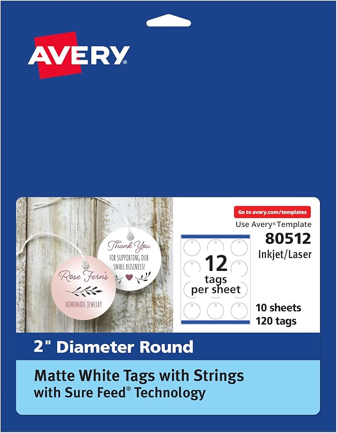 Avery Round Tags, Sure Feed Technology, Matte White, Strings Included, 120 Total by Avery