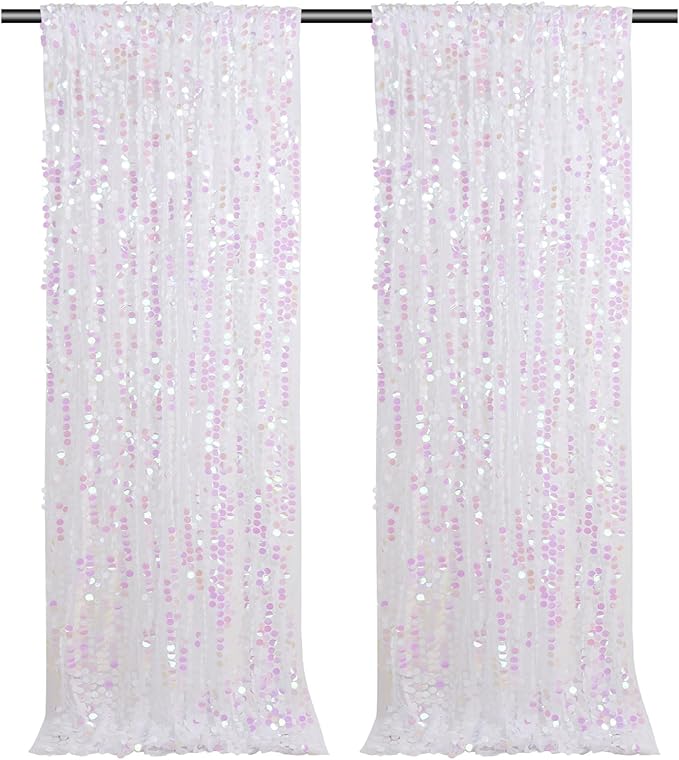 Large Payette Sequin Backdrop 2 Panels 4ftx8ft Iridescent White Glitter Fabric by Fanqisi