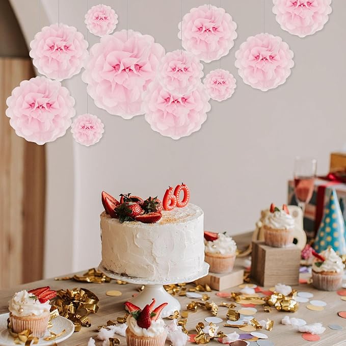 Tissue Paper Pom Poms, Light Pink Tissue Paper Flowers, Hanging Flower Balls - Image 3