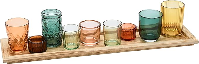 Creative Co-Op Round Glass Votive Holders on Wood Tray by CreativeCo-Op