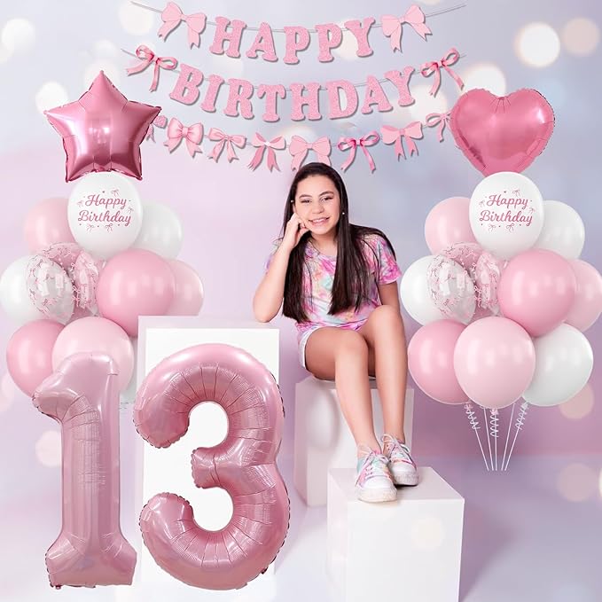 13th Birthday Decorations for Girls Pink Number 13 Balloon Bow Coquette Happy - Image 5