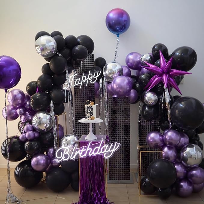 Purple and Black Balloons, 12 Inch Metallic Purple Black Party Balloons - Image 3