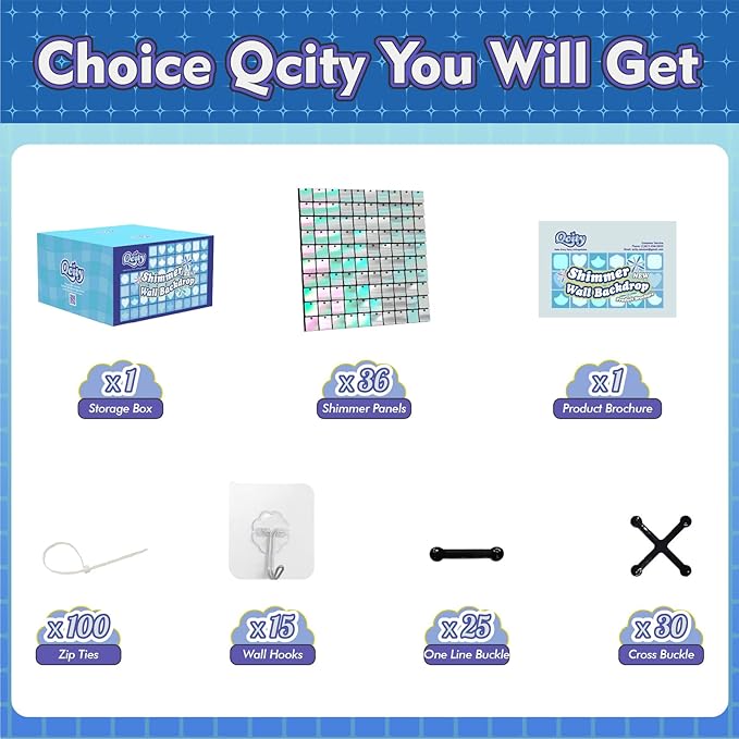 Qcity Iridescent Silver Shimmer Wall Backdrop 36PCS, Square Sequin Glitter - Image 2