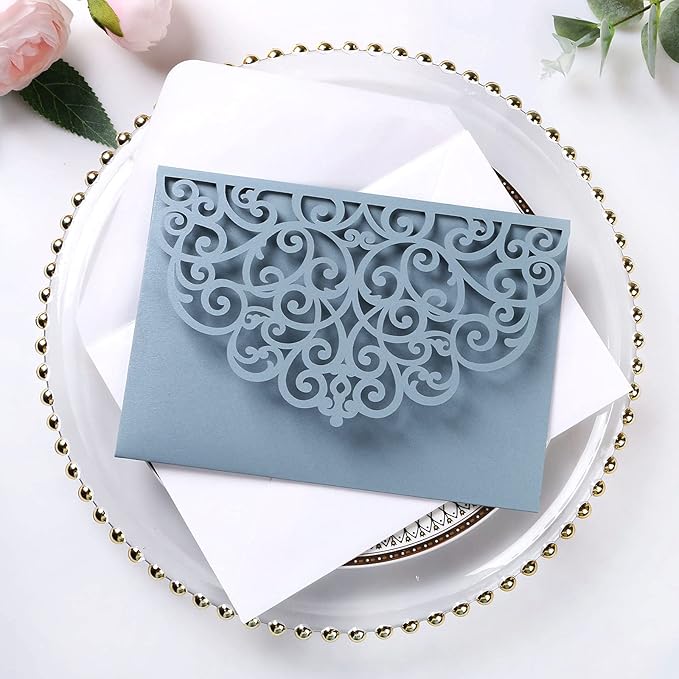 PONATIA 5.12 x 7.2 Dusty Blue Laser Cut Invitation Pocket - Image 4