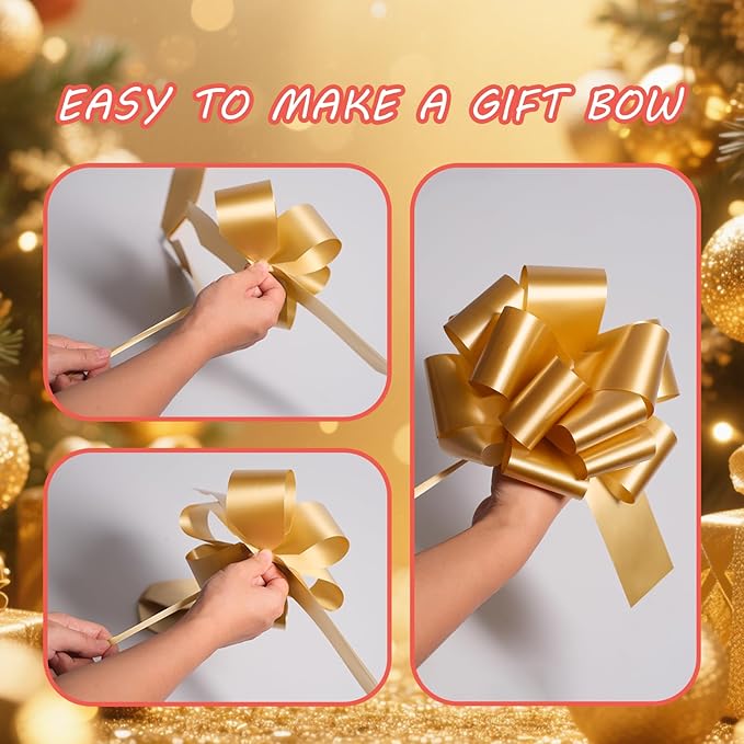 6 Pcs 6 Inch Golden Pull Bows, Gift Wrapping Baskets Wedding Christmas Party - Image 8
