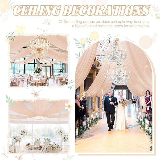 FUHSY Ceiling Drapes for Weddings 4 Panels 5x20 FT Champagne Chiffon Fabric - Image 6