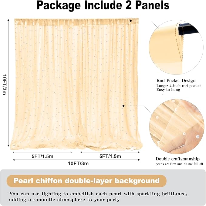 10 * 8FT Beige Pearl Tulle Double Layered Backdrop Curtain - Image 2