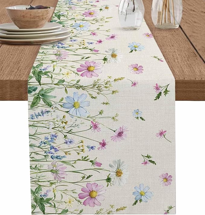 Vintage Wildflowers Cotton Linen Table Runner by Unknown