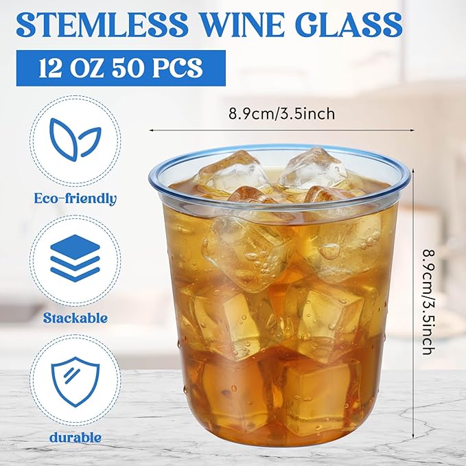 50 Pcs Disposable Stemless Glasses 12oz Crystal Plastic Wine Glasses Clear - Image 3