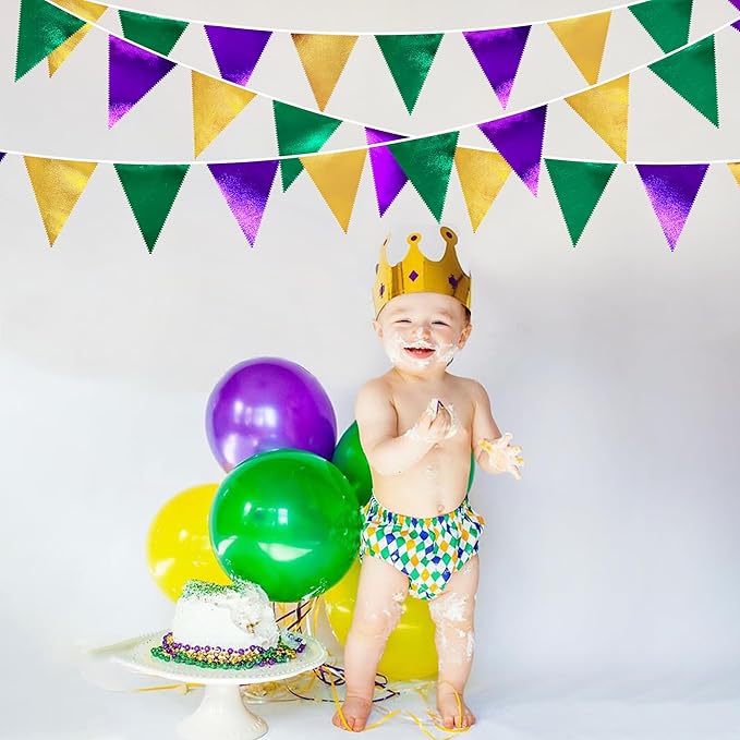 Mardi Gras Party Decorations Purple Green and Gold Metallic Fabric Triangle - Image 6