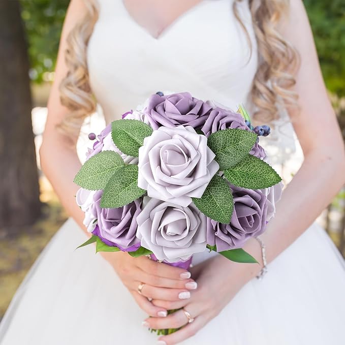 AmyHomie 25pcs Real Looking Artificial Pale Lavender Roses w/Stem - Image 2
