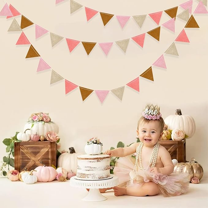Boho Party Decorations Brown Blush Pink Felt Hanging Triangle Mini Bunting - Image 6