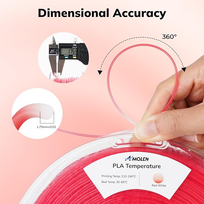 AMOLEN 3D Printer Filament, Temp Change Red to White PLA Filament 1.75mm - Image 3