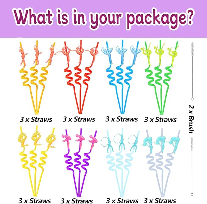 24 Reusable Gymnastics Party Glitter Straws, Cartoon Dance Aerobics Decoration - Image 7
