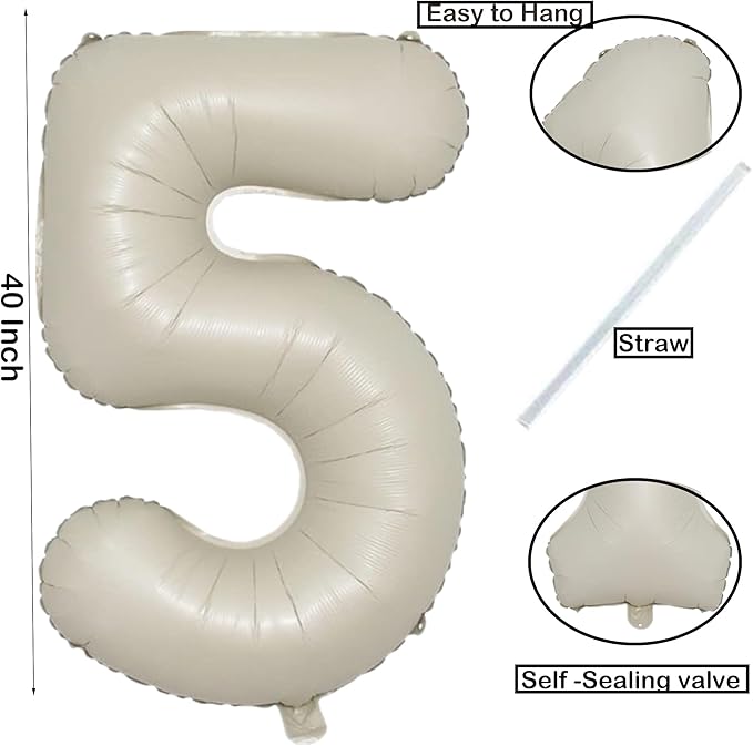 40 Inch Big Cream White Number Balloon Birthday Decoration, Number 5 Helium - Image 2