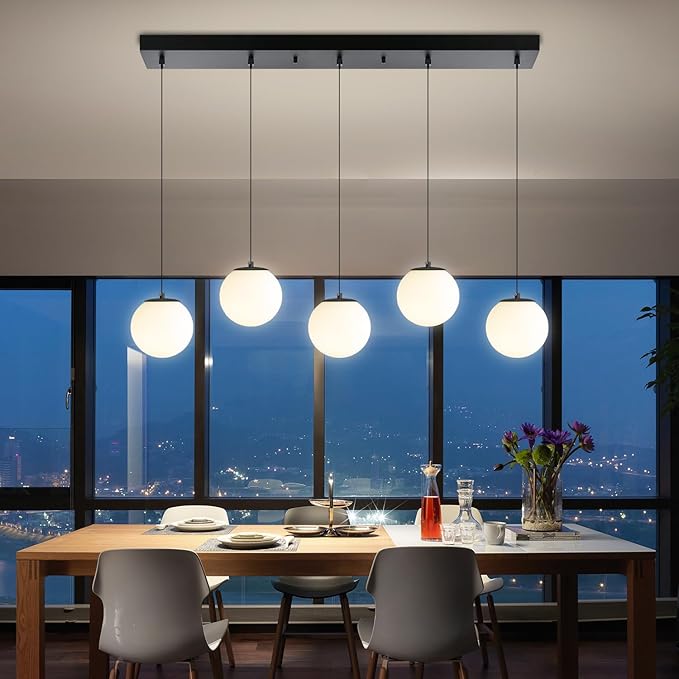 5-Lights Globe Pendant Light for Kitchen Island H 98" Black Rectangle - Image 4