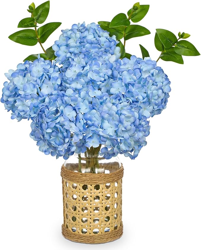 Hollyone Blue Hydrangea Artificial Flowers in Woven Glass Vase by Hollyone