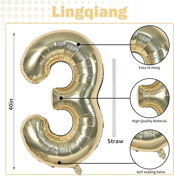 Champagne Gold Number 3 Balloons, 40 Inch Giant Light Gold Helium Foil Number - Image 2