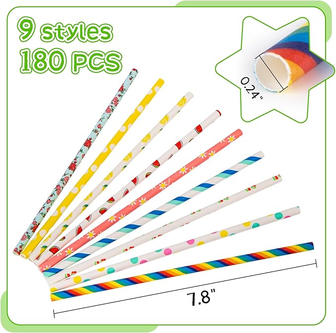 HAKACC 180PCS Paper Straws for Drinking, 9 Different Patterns Party Straws - Image 2