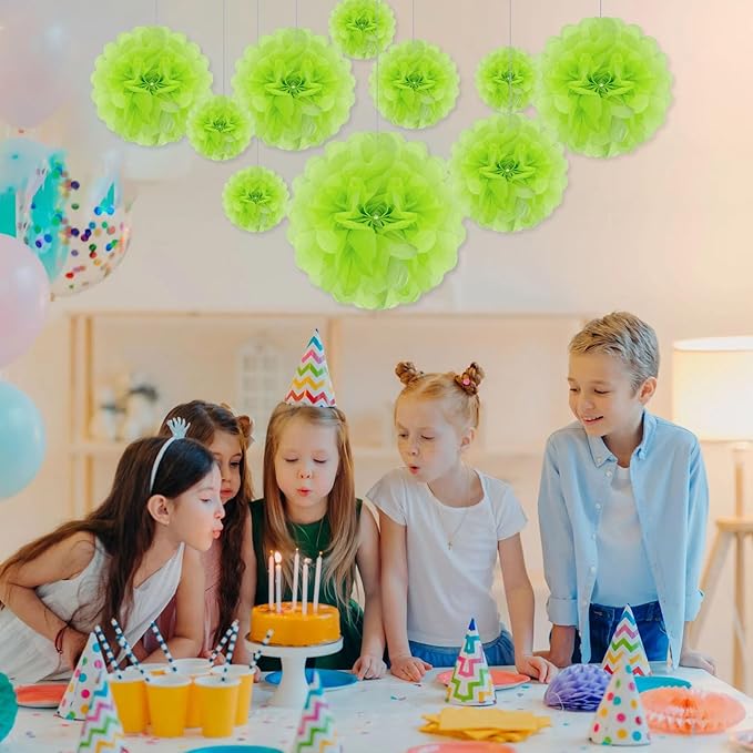 Tissue Paper Pom Poms, Bright Green Tissue Paper Flowers, Hanging Flower Balls - Image 4