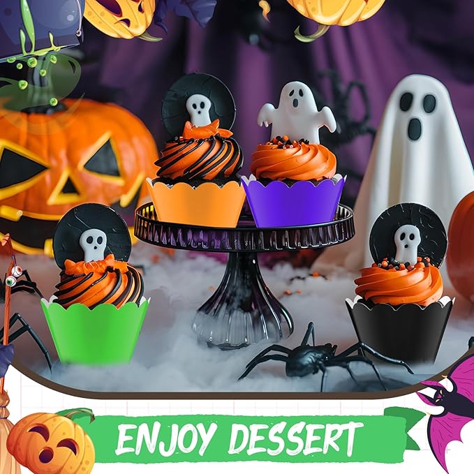 Domensi 100 Pcs Halloween Cupcake Wrappers Rustic Cupcake Liners Orange Black - Image 2